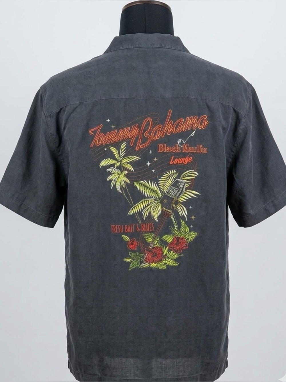 Tommy Bahama Silk Hawaiian Shirt Marlin Lounge Black Embroidered Tropical M